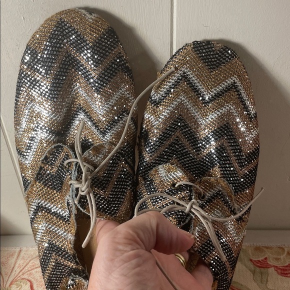 Anniel Ballet Derby Black and Gold Chevron Glitter Ballet Lace Up Flats - Picture 3 of 11